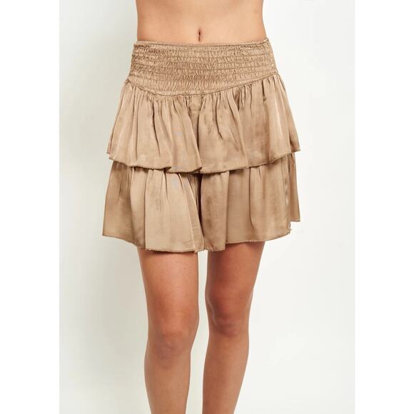 NWT Sofia Made In Italy Orleans Smocked Tiered Mini Skirt One Size Gold - Picture 2 of 13